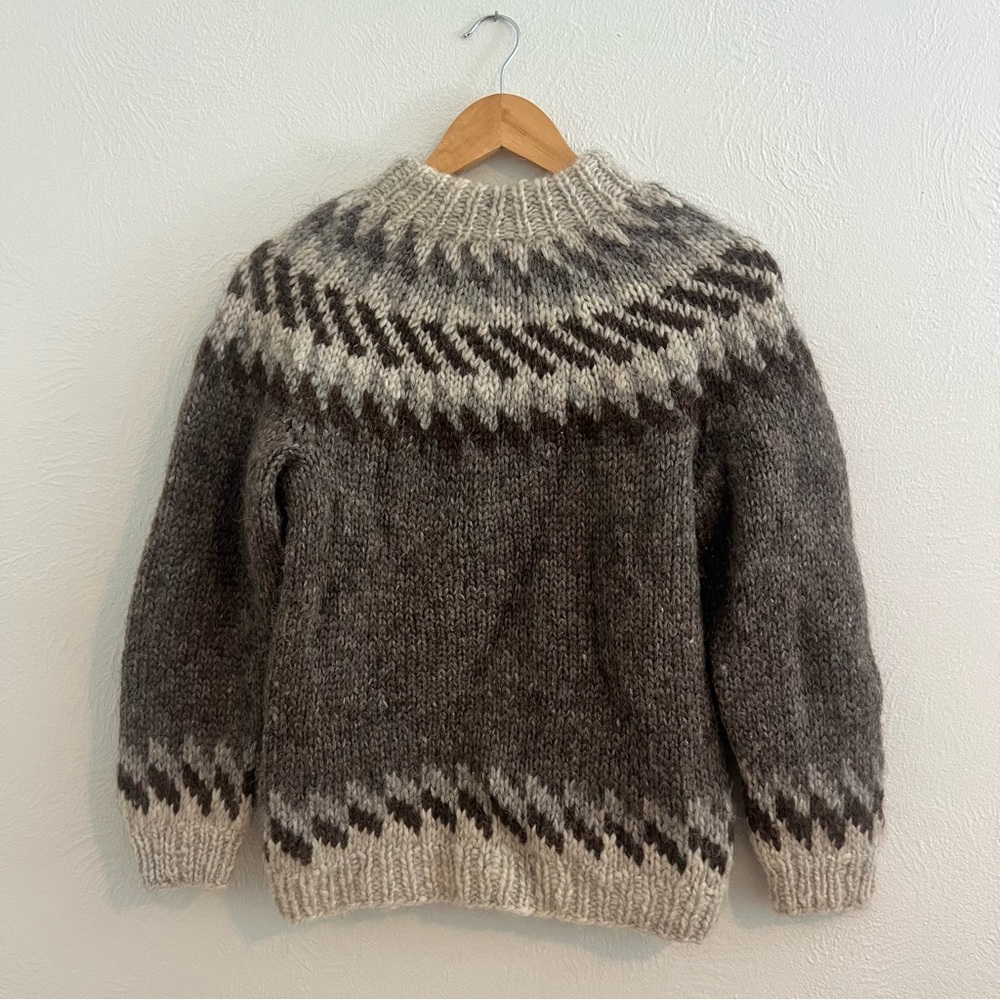 Vintage Icelandia Wool Sweater Hand Knit Nordic Pattern Gray Cream Size S Small
